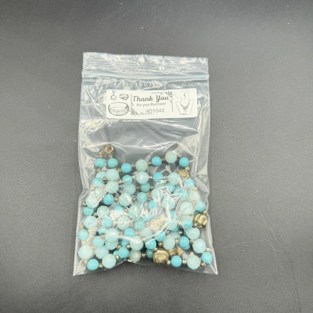 Turquoise & Silver Tone Blue Beaded Double Strand Necklace Faceted Boho Jewelry